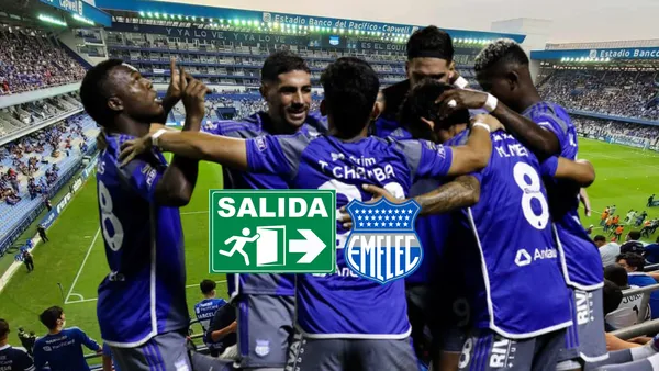 Jugadores de Emelec unidos, letrero salida. Foto tomada de: Emelec/API