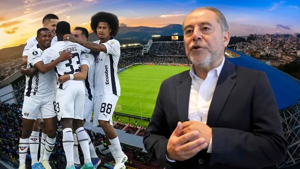 Jugadores de Liga de Quito e Isaac Álvarez en el Estadio Rodrigo Paz (Foto tomada de: Liga de Quito/API)