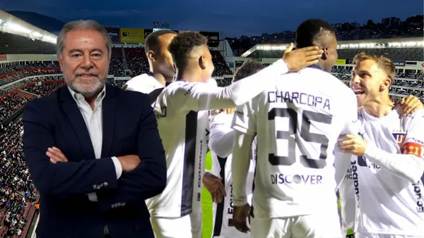 Jugadores de Liga de Quito e Isaac Álvarez (Foto tomada de: Primicias/API)