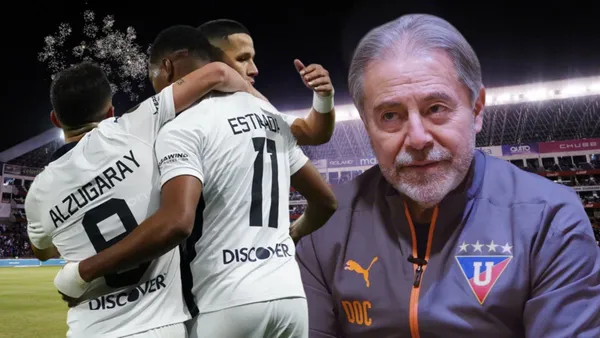 Jugadores de Liga de Quito e Isaac Álvarez (Foto tomada de: Primicias/API/Liga de Quito)