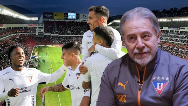 Jugadores de Liga de Quito e Isaac Álvarez (Foto tomada de: Primicias/API/Liga de Quito)