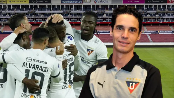 Jugadores de Liga de Quito y Josep Alcácer en el Estadio Rodrigo Paz Delgado (Foto tomada de: Primicias/Liga de Quito/API)