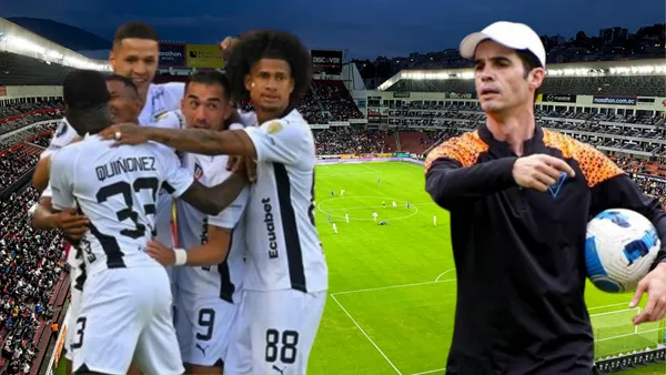 Jugadores de Liga de Quito y Josep Alcácer en el Estadio Rodrigo Paz Delgado (Foto tomada de: Primicias/Liga de Quito/API)