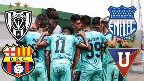 Jugadores del Cubayá FC dándose un abrazo en el estadio 9 de Mayo (Foto tomada de: Machala/API/Wikipedia)