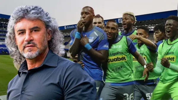 Jugadores Emelec y Leonel Álvarez (Foto tomada de: El Universo/API/Leonel Álvarez)