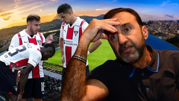 Jugadores Liga de Quito y Nassib Neme (Foto tomada de: Liga de Quito/API/Emelec)