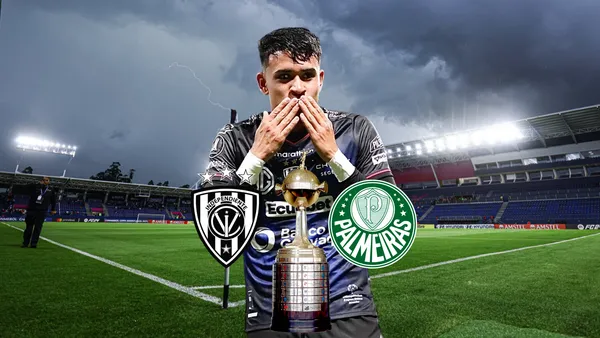 Kendry Páez festejo, escudos Palmeiras y de IDV. Foto tomada de: Independiente del Valle/PESLogos