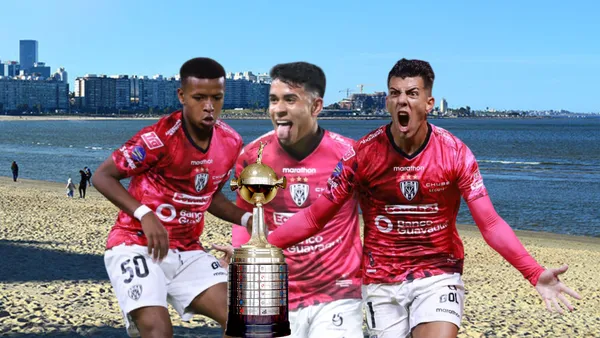 Kendry Páez, Keny Arroyo y Michael Hoyos en la playa con la Copa Libertadores