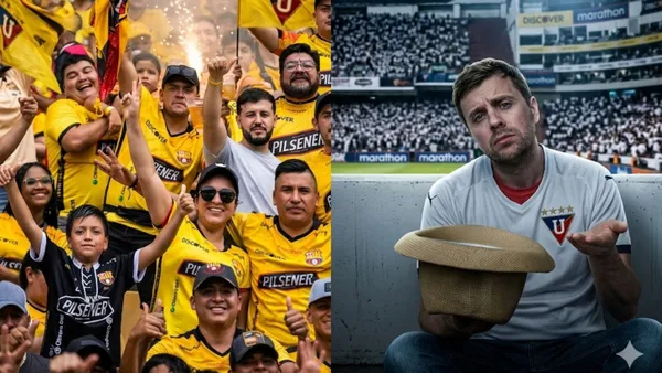 La hinchada de Barcelona SC celebrando e hincha de Liga de Quito pidiendo dinero