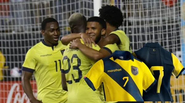 La Selección Ecuatoriana celebrando, al lado modelos de la camiseta. FOTO: El Comercio