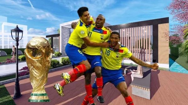 La Selección Ecuatoriana festejando, de fondo la imagen de una finca. FOTO: Metro