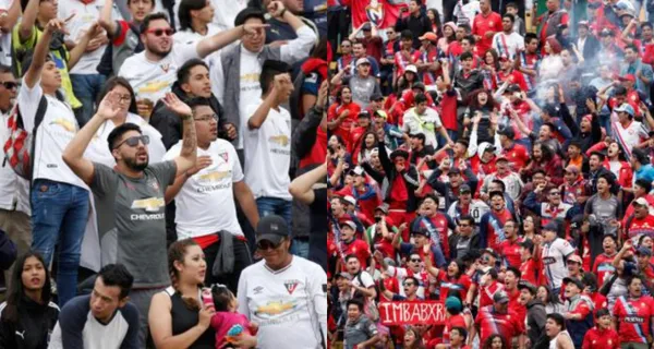 Las hinchadas de Liga de Quito y El Nacional se enfrentaron antes del inicio del partido