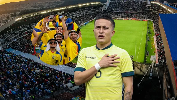 Layan Loor cantando el himno nacional, hinchas Ecuador. Foto tomada de: Primicias/La Tri