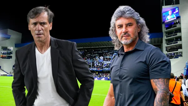 Leonel Álvarez y Fabián Bustos (Foto tomada de: Emelec/Leonel Álvarez/AFP)