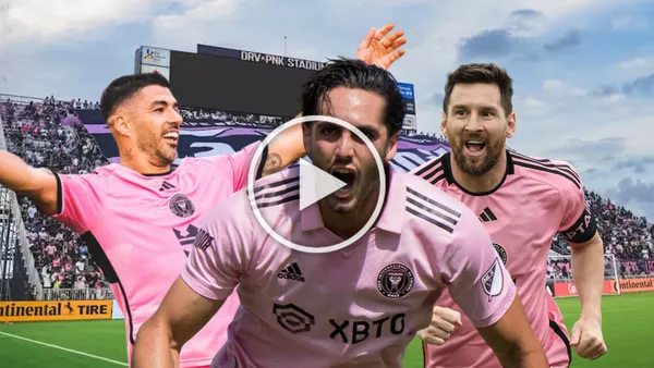 Leordo Campana, Luis Suárez y Lionel Messi festejando el gol. Foto tomada de: Inter Miami