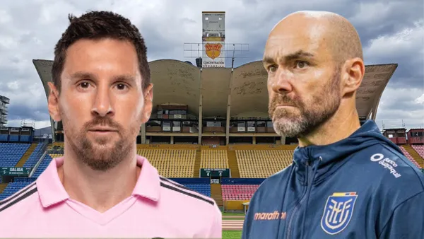 Lionel Messi y Félix Sánchez en el Estadio Olímpico Atahualpa (Foto tomada de: Primicias/ESPN/FEF)