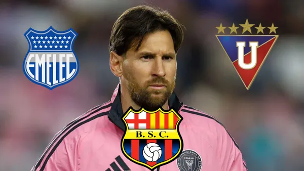 Lionel Messi y los escudos de Barcelona SC, Emelec y Liga de Quito