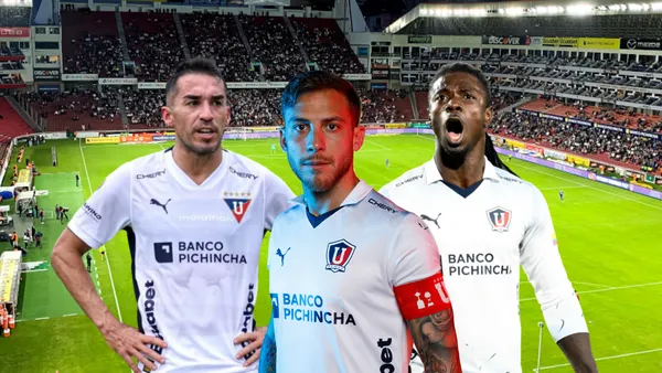 Lisandro Alzugaray preocupado, Ricardo Adé gritando, Ezequiel Piovi serio. Foto tomada de: Liga de Quito/Conmebol