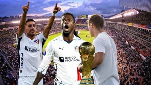 Lizandro Alzugaray festejando, Ricardo Adé gritando. Copa del Mundo, DT. Foto tomada de: Liga de Quito/Wikipedia