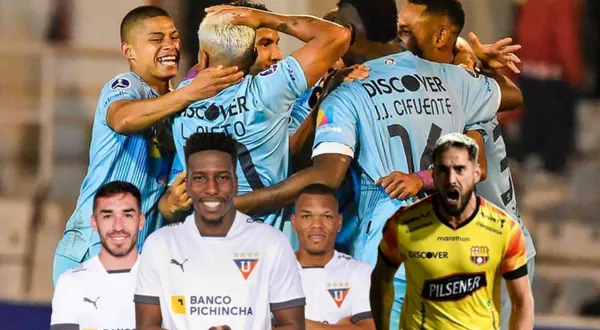 Los jugadores de Universidad Católica celebrando, en la imagen también se encuentran futbolistas de Liga de Quito y BSC. FOTO: Fútbol Peruano