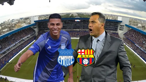 Luis Fernando León feliz, Hernan Torres gritando, escudos Emelec y Barcelona SC. Foto tomada de: El Espectador/Emelec