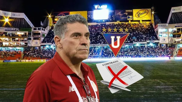 Luis Fernando Suárez serio, escudo LDU. Foto tomada de: El Universo/Liga de Quito