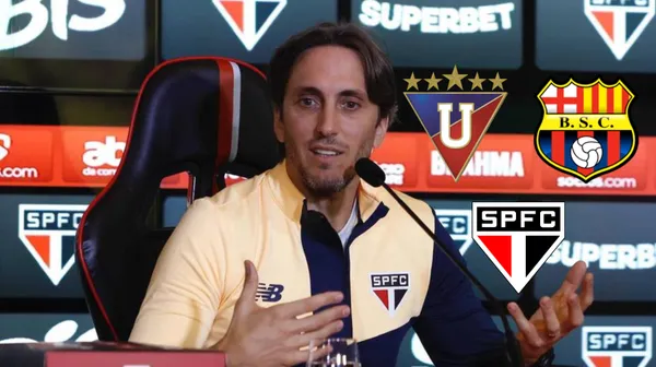 Luis Zubeldía brindando conferencia de prensa como entrenador de Sao Paulo. FOTO: El Universo