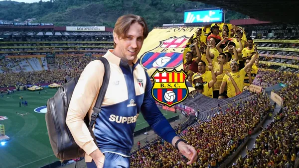 Luis Zubeldía caminando, hinchas de BSC y escudo. Foto tomada de: Sao Paulo/PESLogos