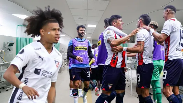 Marco Angulo y jugadores de Liga de Quito (Foto tomada de: X/API)