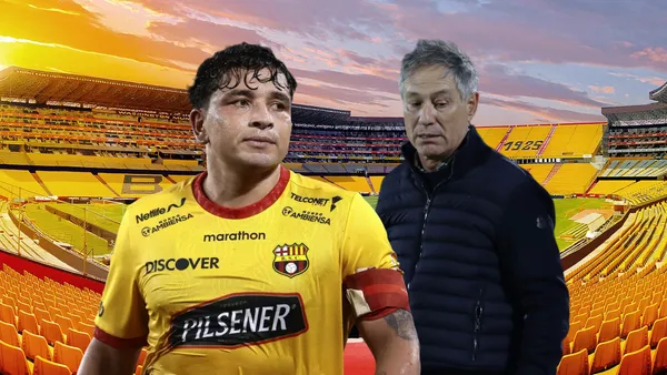 Mario Pineida serio, Ariel Holan triste. Foto tomada de: Barcelona SC