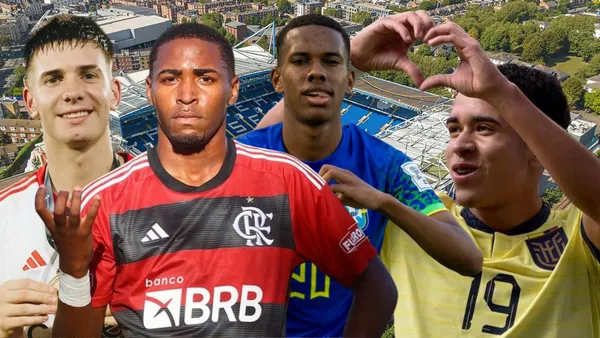 Mastantuono, Lorran, Messinho y Kendry Páez en Stamford Bridge (Foto tomada de: Wikipedia/El Universo/UNO/DAZN)