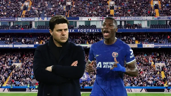 Mauricio Pochettino enojado, Moisés Caicedo gritando. Foto tomada de: Chelsea/Sky Sports