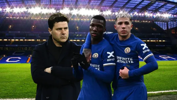 Mauricio Pochettino molesto y Moisés Caicedo con Enzo Fernández. Foto tomada de: Chelsea FC/Goal.com