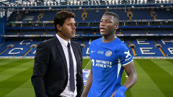 Mauricio Pochettino serio, Moisés Caicedo sorprendido. Foto tomada de: Chelsea