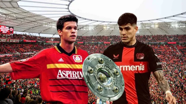 Michael Ballack con Piero Hincapié y el trofeo de la Bundesliga. Foto tomada de: Marcador EC/Transfermarkt