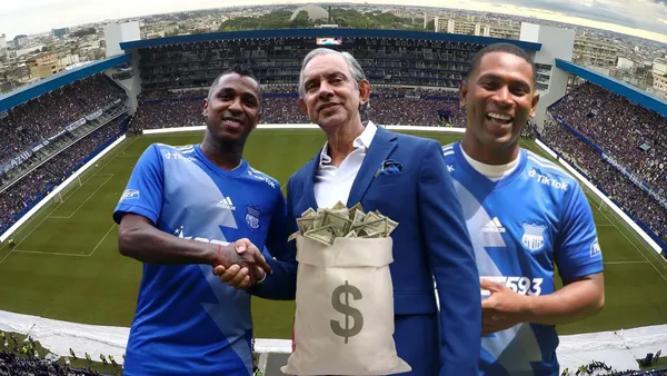 Miller Bolaños dándole la mano a José Pileggi, Bryan Angulo. Foto tomada de: Emelec/Revista Winner
