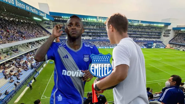 Miller Bolaños festejando, escudo Emelec, entrenador. Foto tomada de: Emelec