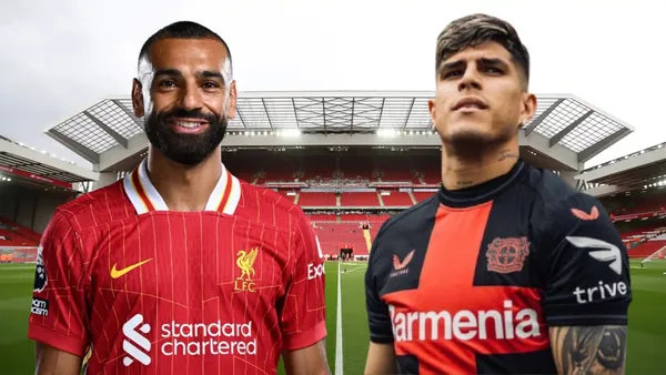 Mohamed Salah y Piero Hincapié (Foto tomada de: Legends/Bundesliga/Liverpool)