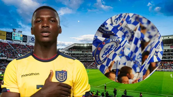 Moisés Caicedo e hinchas del Chelsea (Foto tomada de: Liga de Quito/Moisés Caicedo/Balón)