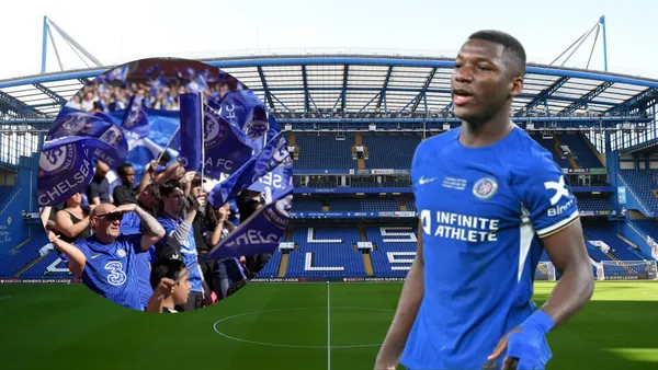 Moisés Caicedo e hinchas del Chelsea (Foto tomada de: The Sun/Transfermarkt/Los Ángeles)