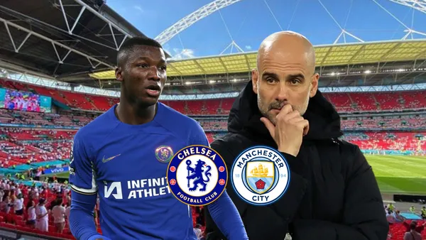 Moisés Caicedo en Wembley, Guardiola pensativo, escudos de Chelsea y Manchester City. Foto tomada de: TV Azteca/Viator/TalkSport