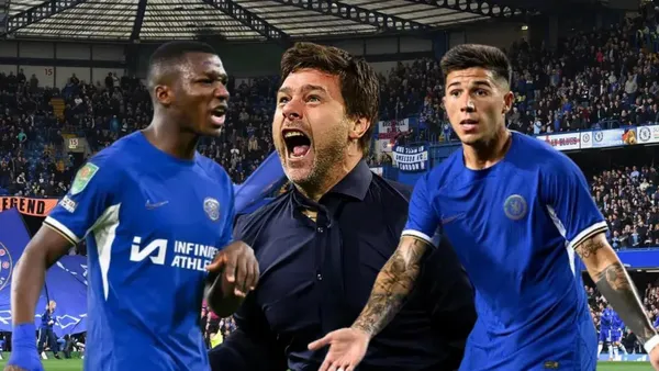 Moisés Caicedo enojado, Mauricio Pochettino gritando y Enzo Fernández