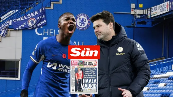 Moisés Caicedo gritando, Mauricio Pochettino preocupado, medio The Sun. Foto tomada de: The Sun/Afición Central