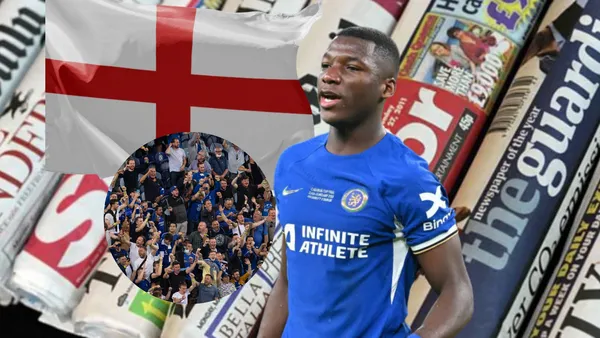 Moisés Caicedo, hinchas de Chelsea, bandera Inglaterra. Foto tomada de: Chelsea/deBandera