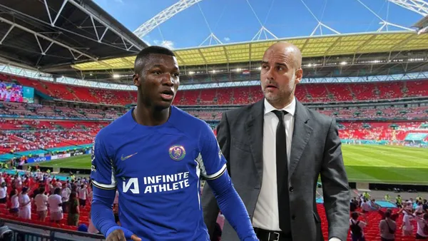 Moisés Caicedo serio, Pep Guardiola preocupado. Foto tomada de: FA Cup/Chelsea