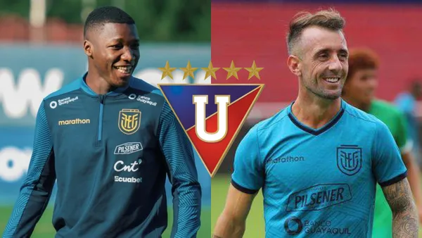 Moisés Caicedo y Damián Díaz con escudo de Liga de Quito / Foto: API