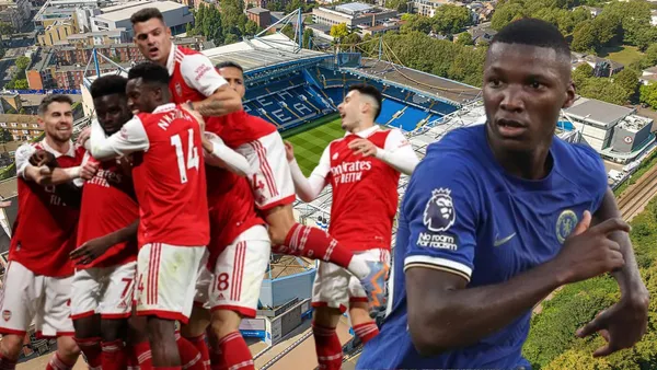 Moisés Caicedo y jugadores del Arsenal (Foto tomada de: Wikipedia/Chelsea/Olímpico)