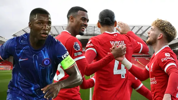 Moisés Caicedo y jugadores del Liverpool (Foto tomada de: Legends/Chelsea/Espectador)