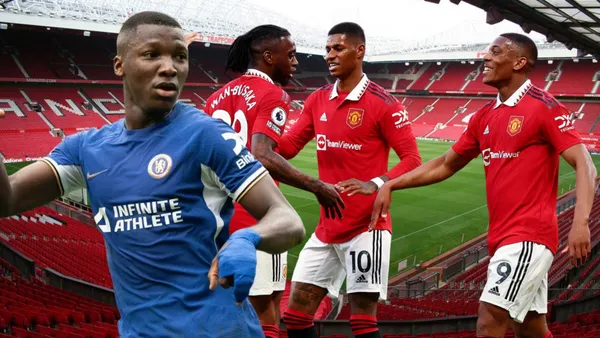 Moisés Caicedo y jugadores del Manchester united (Foto tomada de: eBay/Chelsea/CNN)