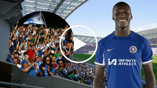 Moisés Caicedo y los hinchas del Brighton en el Falmer Stadium (Foto tomada de: Chelsea/Tension Control/AFP)
